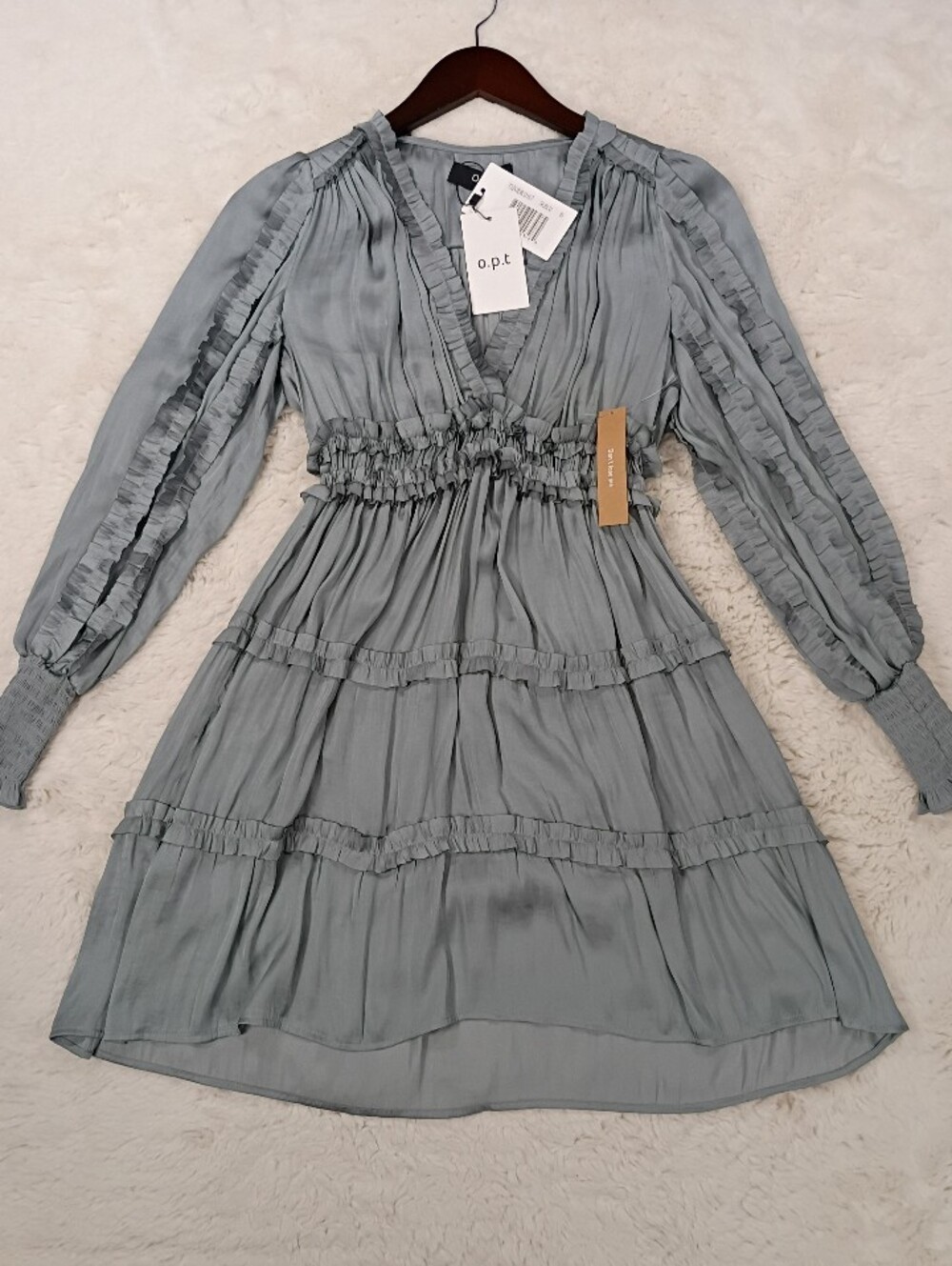 o.p.t. Silvery Gray-blue Ruffle Tiered Smocked-Waist Mini Dress size Small